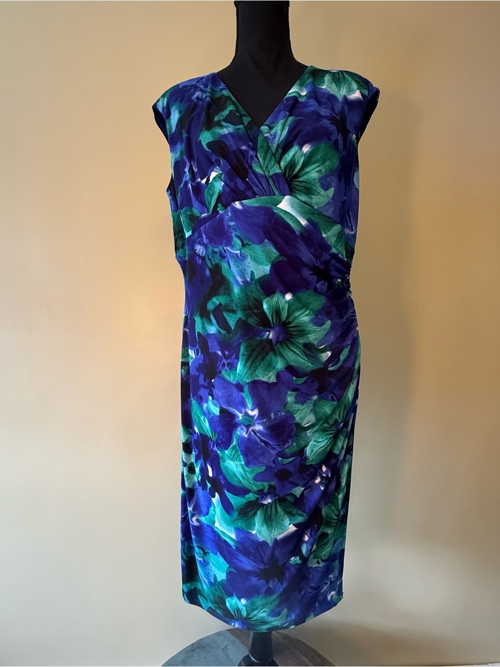 Ralph Lauren Ruched Faux Wrap Vintage Style WIggle Dress V Neck Size 16 Floral